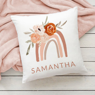 Boho Rainbow with Flowers   Neutral Color Throw Pillow