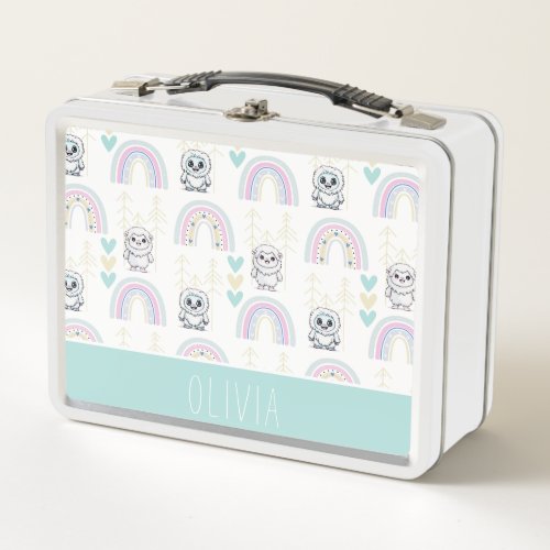 Boho Rainbow With Pastel Hearts Cute Yeti  Metal Lunch Box