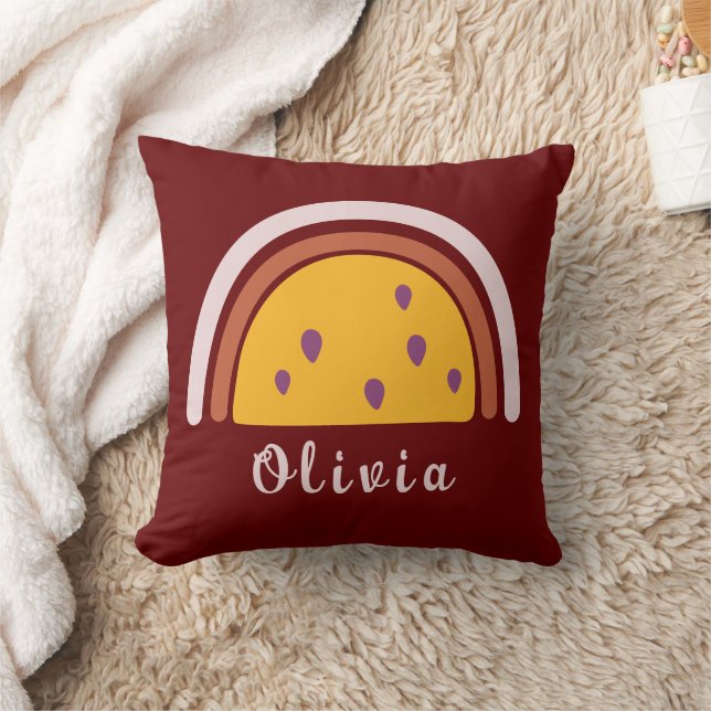 Boho Rainbow with Personalized Name Yellow Throw Pillow (Blanket)