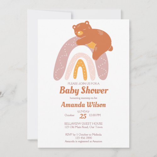 Boho rainbow with sleeping bear baby shower invitation