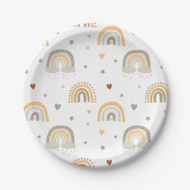Boho Rainbow with Stars and Hearts Party Paper Plates (Front)