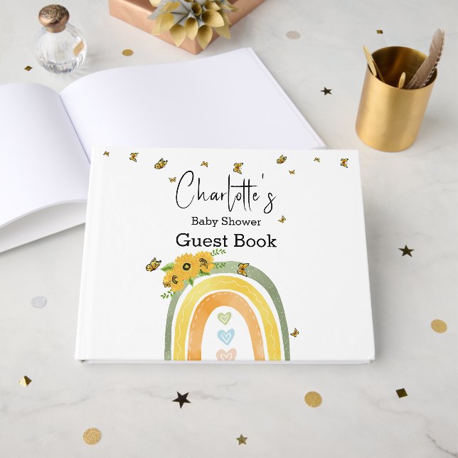 Boho Rainbow With Sunflowers Baby Shower Guest Book (Front Open)