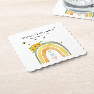 Boho Rainbow With Sunflowers Baby Shower Paper Coaster