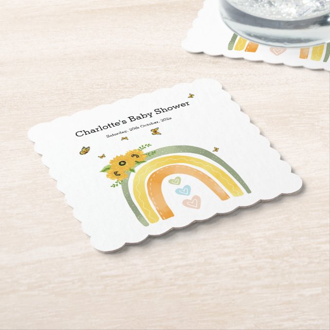 Boho Rainbow With Sunflowers Baby Shower Paper Coaster (Angled)
