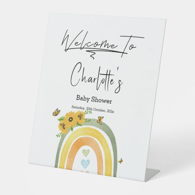 Boho Rainbow With Sunflowers Baby Shower Pedestal Sign (Front)