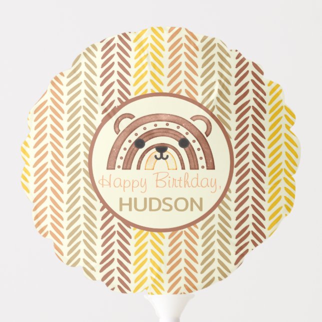 Boho Rainbow Woodland Bear Birthday Balloon (Front)