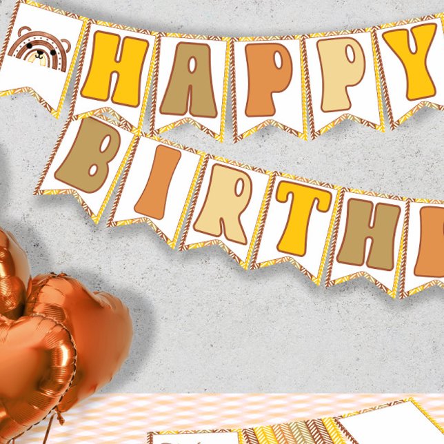 Boho Rainbow Woodland Bear Retro Happy Birthday Bunting Flags (Creator Uploaded)