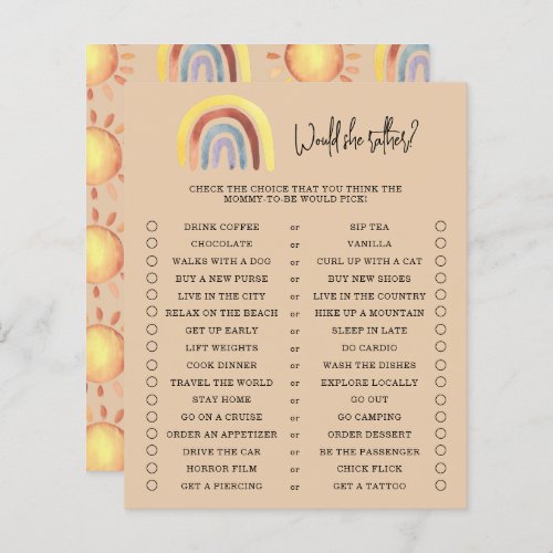 Boho Rainbow Would She Rather Baby Shower Game