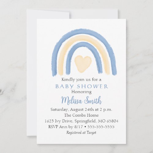 Boho Rainbow Yellow Heart and Blue Watercolor Invitation