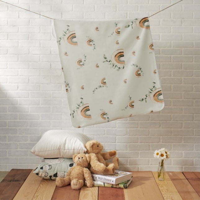 Boho rainbows eucalyptus nursery baby shower blanket (In Situ)