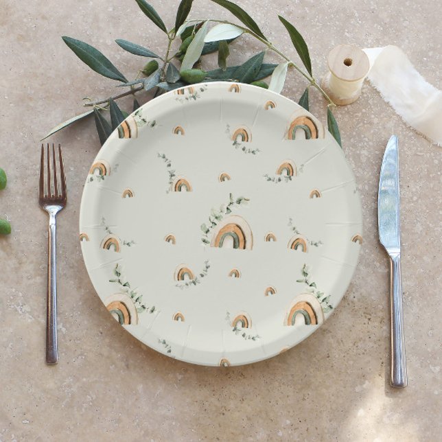 Boho rainbows eucalyptus nursery baby shower paper plates (Creator Uploaded)