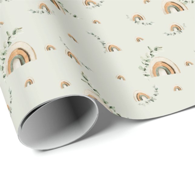 Boho rainbows eucalyptus nursery baby shower wrapping paper (Roll Corner)