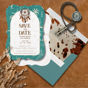 Boho Ranch Wedding Turquoise Leather Save the Date