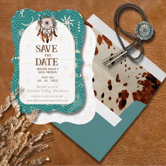 Boho Ranch Wedding Turquoise Leather Save the Date (Creator Uploaded)