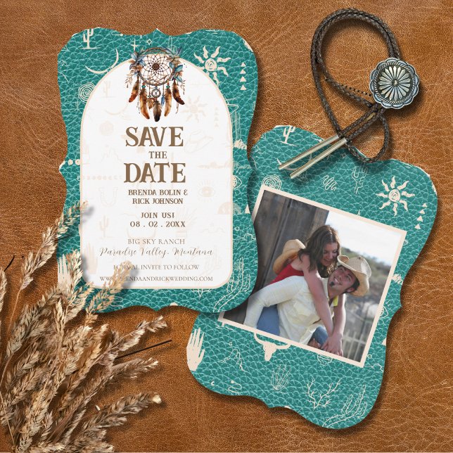 Boho Ranch Wedding Turquoise Photo Save the Date Invitation (Creator Uploaded)