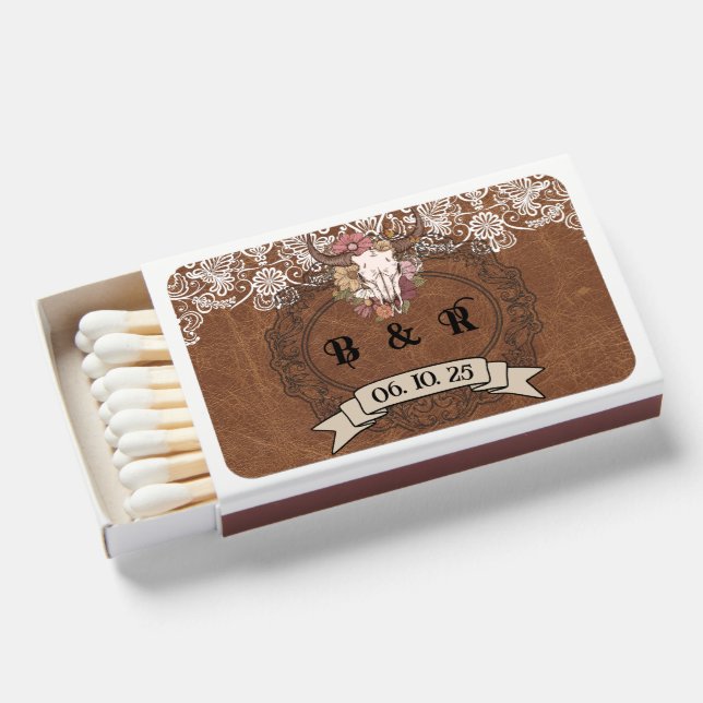 Boho Ranch Western Wedding Monogram Label Matchboxes (Front Open)