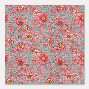 Boho Raspberry Aqua Floral Pattern Wallpaper