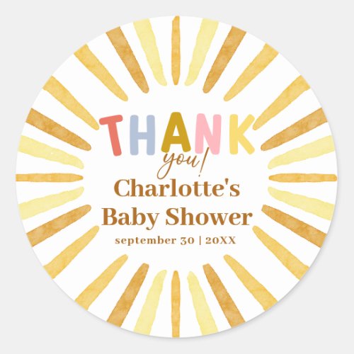 Boho Ray of Sunshine Baby Shower Thank You Classic Round Sticker