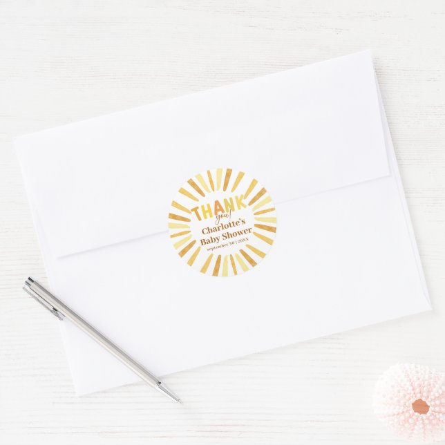Boho Ray of Sunshine Baby Shower Thank You Classic Round Sticker (Envelope)