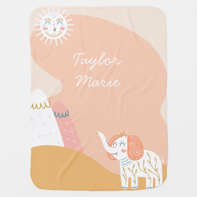 Boho Ray of Sunshine Elephant Nursery Name Baby Blanket (Front)