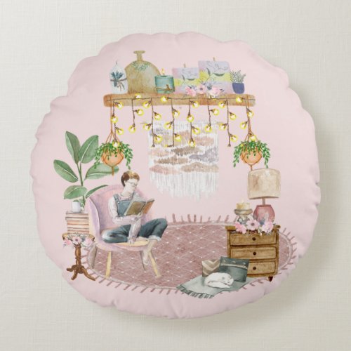 Boho Reading Room _ Two Sided Round Pillow