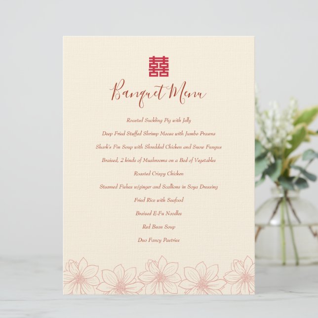 Boho red and beige floral Chinese wedding banquet Menu (Standing Front)