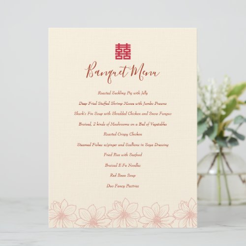 Boho red and beige floral Chinese wedding banquet Menu