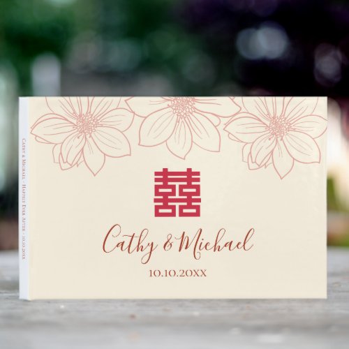 Boho red and beige floral Chinese wedding Guest Book