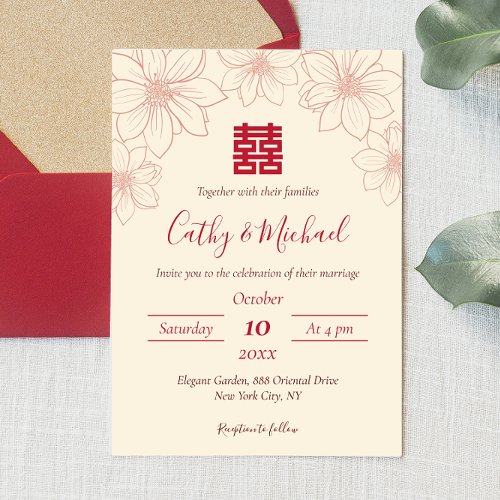 Boho red and beige floral Chinese wedding Invitation