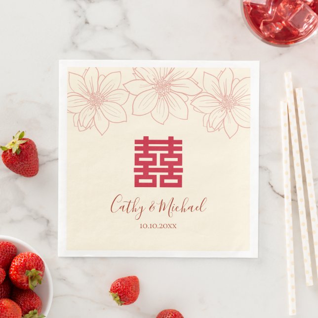 Boho red and beige floral Chinese wedding Paper Dinner Napkins (Insitu)