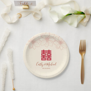 Boho red and beige floral Chinese wedding Paper Plates