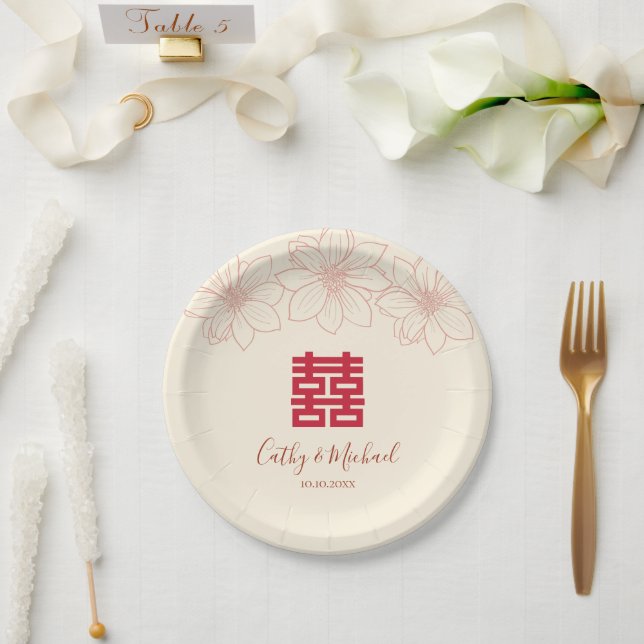 Boho red and beige floral Chinese wedding Paper Plates (Wedding)