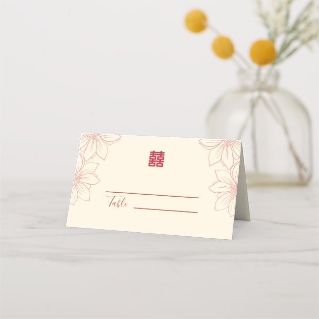 Boho red and beige floral Chinese wedding  Place Card (Front)