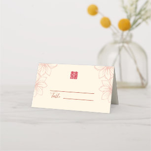 Boho red and beige floral Chinese wedding Place Card