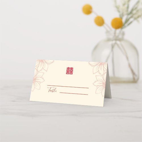 Boho red and beige floral Chinese wedding  Place Card
