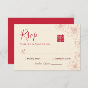 Boho red and beige floral Chinese wedding RSVP Card