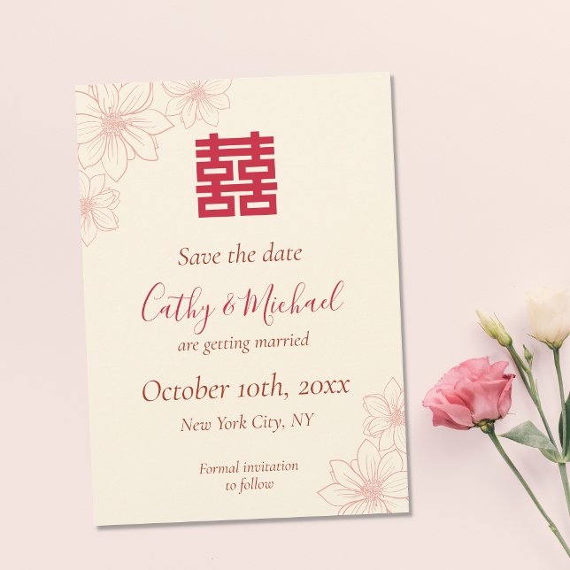 Boho red and beige floral Chinese wedding  Save The Date (Creator Uploaded)