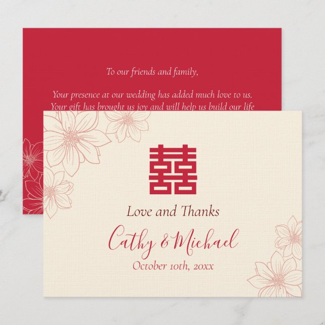 Boho red and beige floral Chinese wedding  Thank You Card (Front/Back)