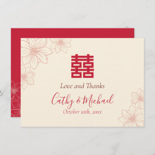 Boho red and beige floral Chinese wedding Thank You Card