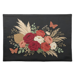 Boho Red and Cream Rose Bouquet on Black Cloth Placemat
