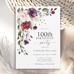 Boho Red and Purple Floral 100th Birthday Party Invitation