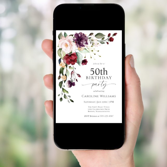Boho Red and Purple Floral 50th Birthday Party Invitation (Front Digital)