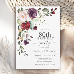 Boho Red and Purple Floral 80th Birthday Party Invitation<br><div class="desc">Celebrate an 80th birthday in beautiful boho style with this attractive watercolor floral birthday party invitation. It has a lovely floral corner bouquet in the stylish color combination of burgundy red, blush pink, plum purple, and peach with leafy greenery scattered throughout. It makes a wonderful choice for celebrations from mid-summer,...</div>