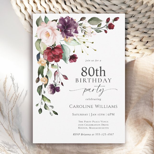 Boho Red and Purple Floral 80th Birthday Party Invitation (Available in both printed and instant download digital formats.)
