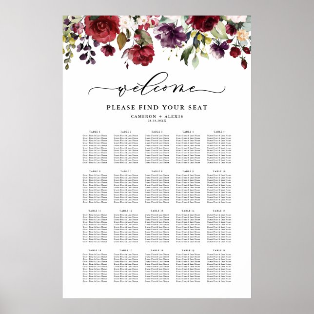 Boho Red and Purple Floral Wedding Seating Chart (Front)