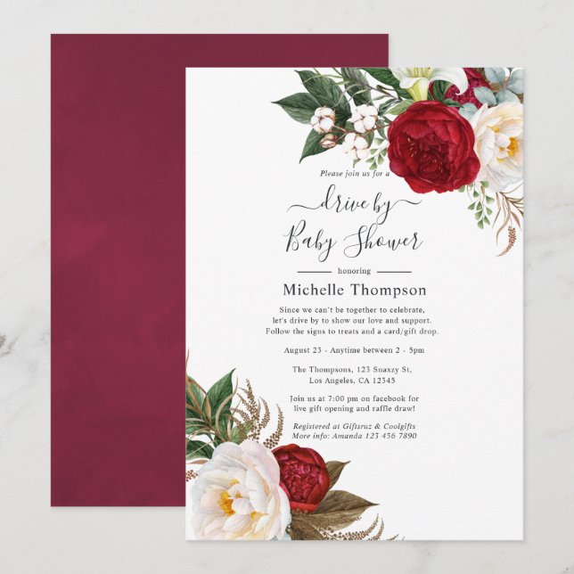 Boho Red and White Floral Drive By Shower Invitation (Front/Back)