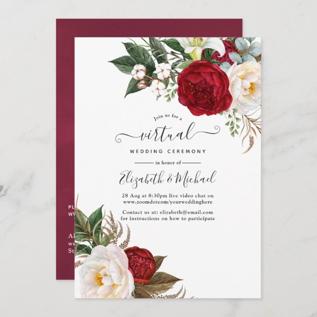 Boho Red and White Floral Online Virtual Wedding Invitation (Front/Back)