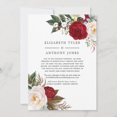 Boho Red and White Floral Reduced Wedding Guests Announcement