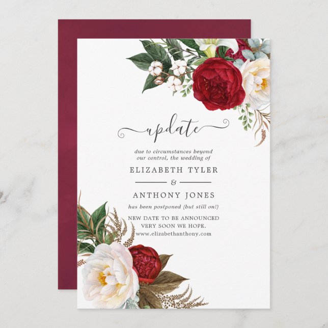 Boho Red and White Floral Wedding Update Invitation (Front/Back)