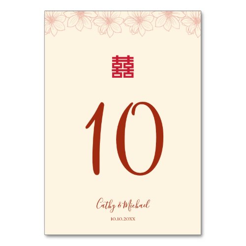 Boho red beige floral Chinese wedding double xi Table Number